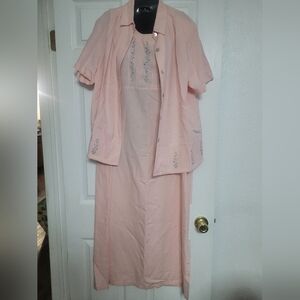 Elegant Pink Dress And Jacket Set with Floral Embroidery